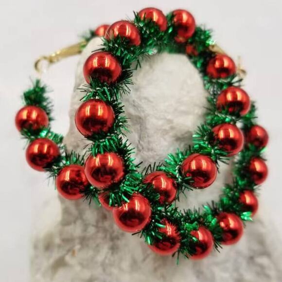 Christmas Pom Pom Beaded Hoops Earrings - Picture 2 of 2